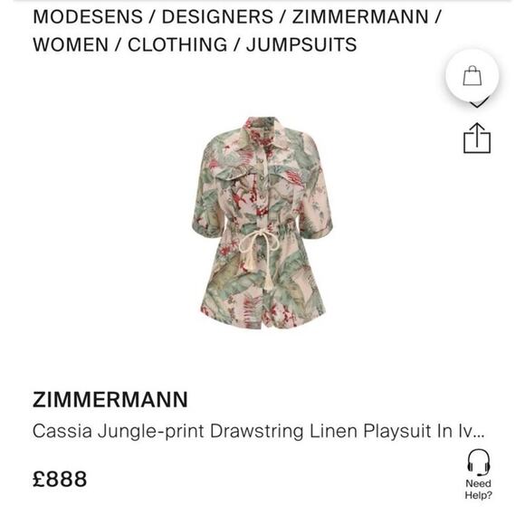 ZIMMERMANN Cassia Jungle Print Drawstring Linen Playsuit Button Romper AU 1 US 6 - Picture 5 of 16